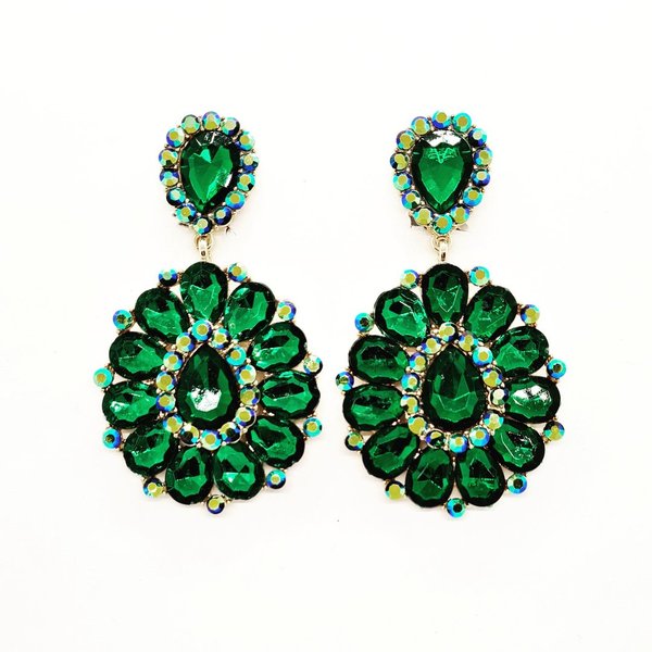 Green with Green AB 3.25 inch Clip On Earrings