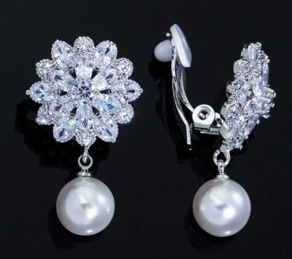 Pearl & Silver 1.25 inch Clip On Earrings