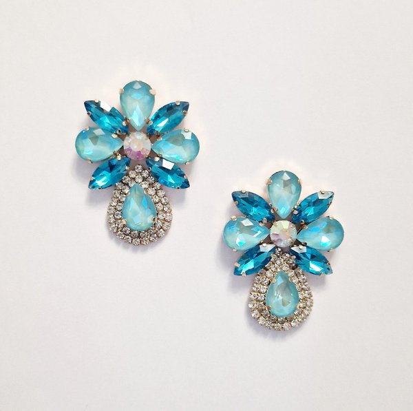 Multi Turquoise & Clear 2 inch Statement Earrings
